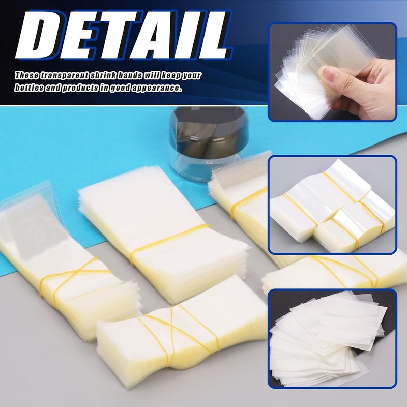 Glarks 900Pcs Clear Heat Shrink Wrap Bands, 6 Sizes Perforated PVC Wrap Bags Multi Sizes Tamper Seal Shrink Bands Heat Shrink Seal Bands Kit for Bottles, Jars, Tubes, Cans and Tins - Image 4